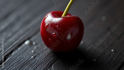 Close-up of ripe cherry with water droplets on dark wood and directional lighting.