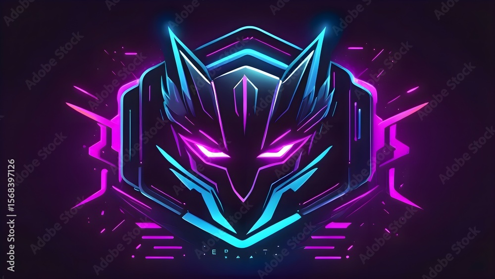 Fototapeta premium Close-up of a stylized neon logo featuring an angry face with glowing eyes and sharp lines on a dark futuristic background