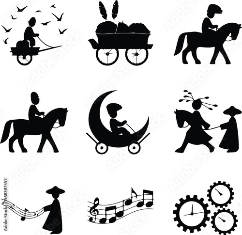 Person Riding Horse Carriage Silhouette – Vintage Wagon Icon Pack Horse Cart Rider Silhouette Set – Rural Transport Vector Icons