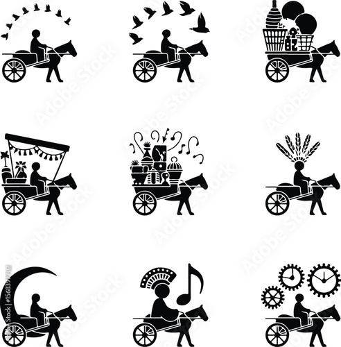 Person Riding Horse Carriage Silhouette – Vintage Wagon Icon Pack Horse Cart Rider Silhouette Set – Rural Transport Vector Icons