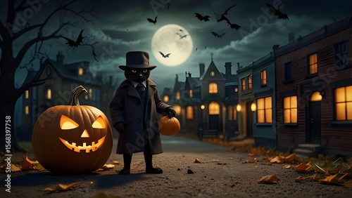 Create a funny detective pumpkin in trench coat and magnifying glass investigating a mystery in a spooky town full of mischievous black cats.