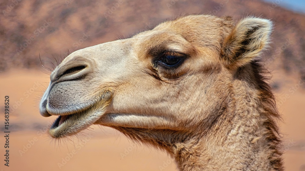 Obraz premium Close-up of a camel in the desert with sandy background