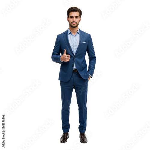Full shot of a handsome businessman dressed in a formal blue suit and giving a thumbs up gesture on a transparent background, conveying approval and confidence.