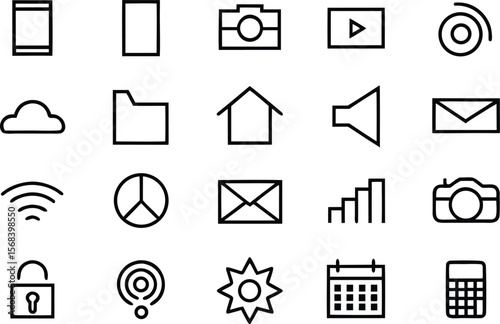 Collection of simple black line art icons representing common digital and communication elements