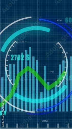 Animation of round scanner over statistical data processing against blue background