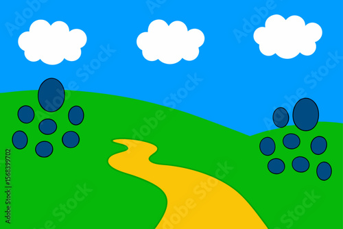 Green Meadow Landscape With Footprints On The Tr