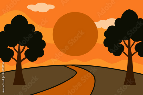 Evening Countryside With Orange Sunset Grassy