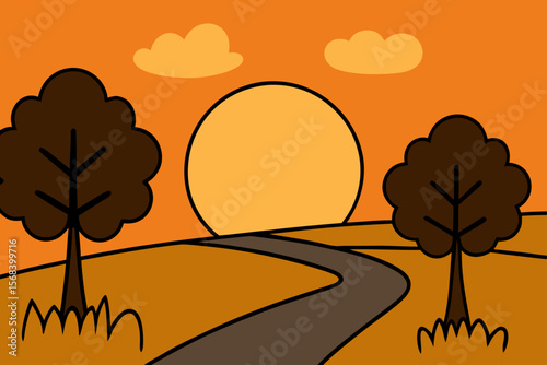 Evening Countryside with Orange Sunset and Grassy Terrain
