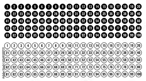 Numbers one to one hundred in circular format representing counting sequencing labeling indexing organization reference mathematics education list numeric order system