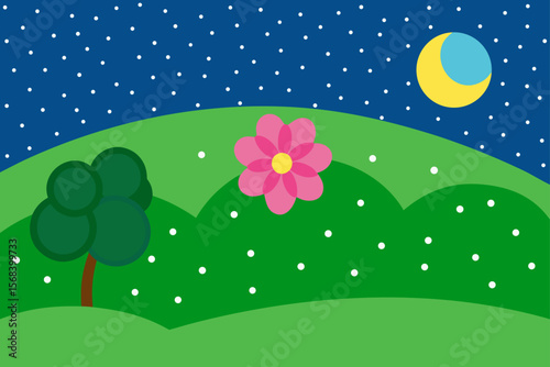 Calm Starry Night with Flowered Landscape and Gentle Glow