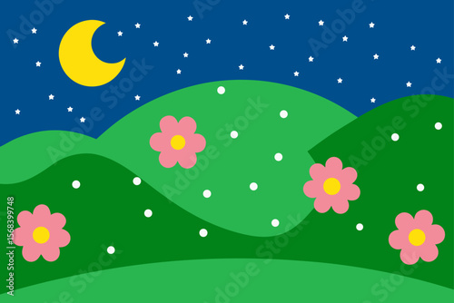 Calm Starry Night with Flowered Landscape and Gentle Glow