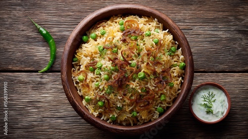 Pakistani matar pulao green peas and fried onions in aromatic rice served with raita and green chili on wooden table top down view
