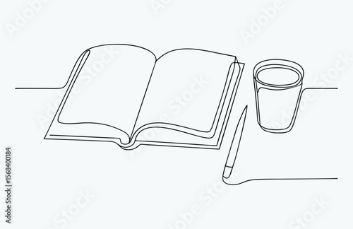 one line drawing coffee and book, single continuous line drawing of books with a cup of coffee above on library desk, business and education concept, one line draw coffee and books