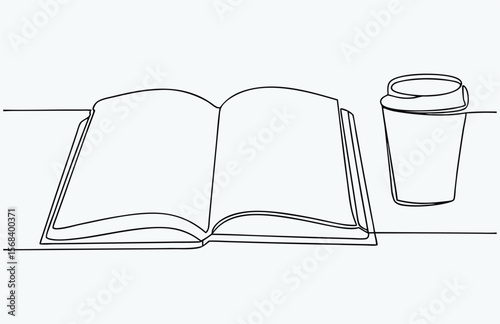 one line drawing coffee and book, single continuous line drawing of books with a cup of coffee above on library desk, business and education concept, one line draw coffee and books
