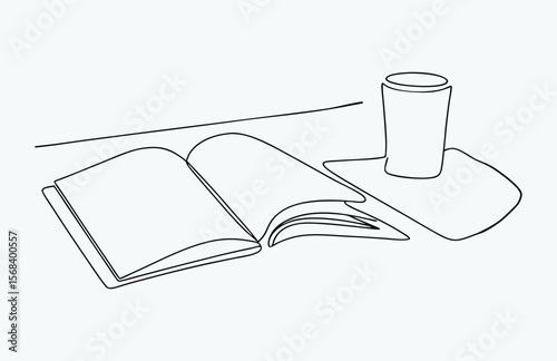 one line drawing coffee and book, single continuous line drawing of books with a cup of coffee above on library desk, business and education concept, one line draw coffee and books