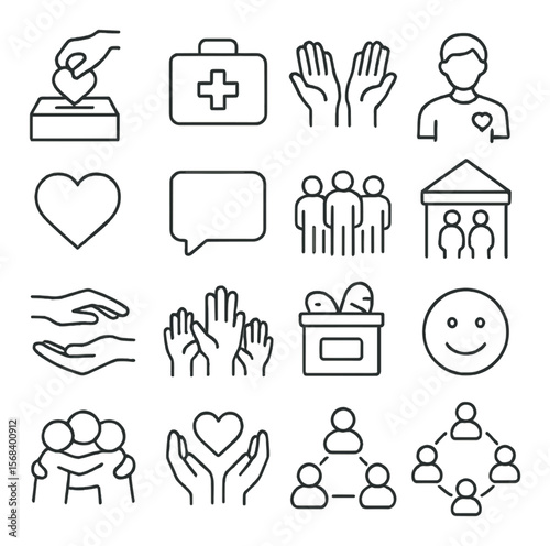 Community support collection, helping and care icons. volunteer and charity symbol set