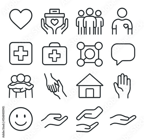 Community support icon collection, aid and help symbols. care and assistance set