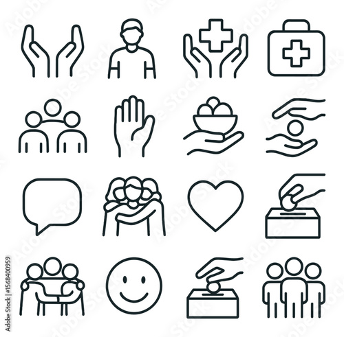 Community support icon collection, assistance and welfare symbols. help and care set