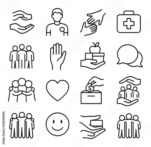 Community support icon collection, aid and help symbols. assistance and care graphics set