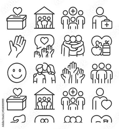 Charity icon collection, donation and help symbols. community aid and support set