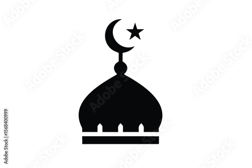 A simple black silhouette of a mosque dome topped with a crescent moon and a star symbolizing islamic architecture and faith