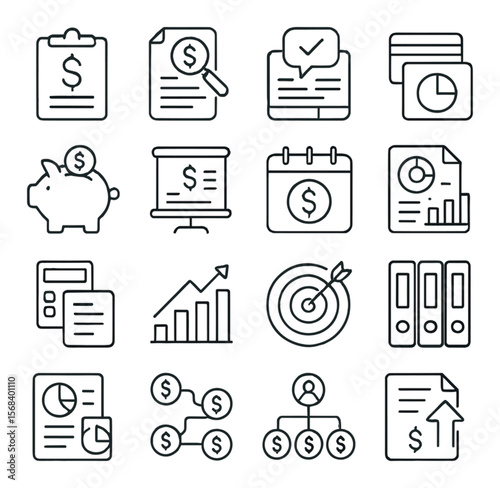 Accounting icon collection: finance, bookkeeping symbols. business transaction set