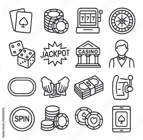 Casino icon collection, gambling symbols for betting. gaming and slot machine set