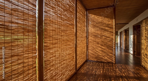 Serene Interior: Light and Shadow Play on Bamboo Walls and Wooden Floors, Rustic Charm and Minimalist Design in a Modern Tropical Home, Warm Tones and Natural Textures Abound