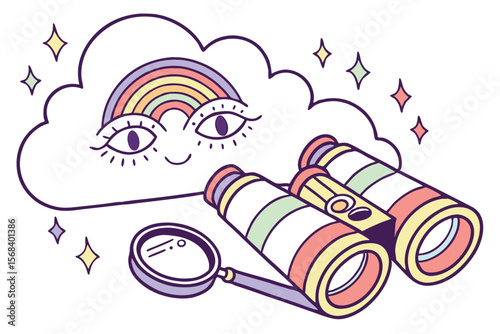 eyes, kaleidoscope, magnifying glass, colorful, whimsical, digital illustration, minimalist, vector art