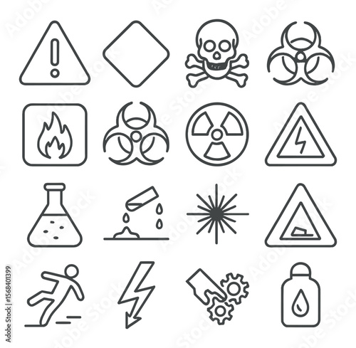 Safety hazard icons collection, danger alert symbols. warning and risk signs set