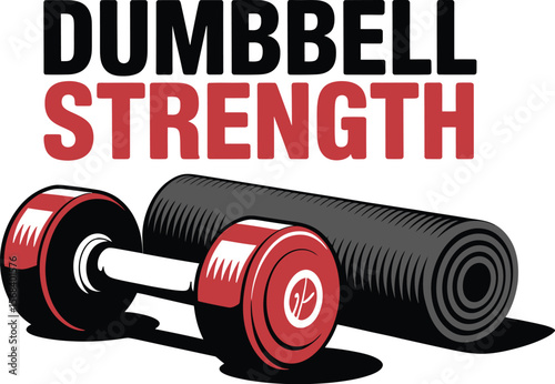A dumbbell and rolled yoga mat on a white background with text above them