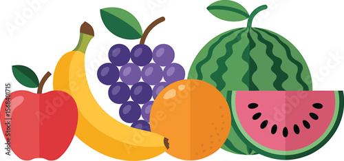 A colorful assortment of fruits including apple banana grapes and watermelon orange