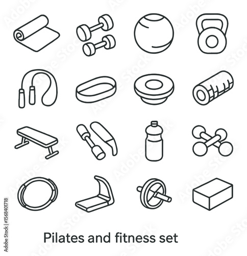 Fitness equipment collection, workout and exercise gear icons. training design set