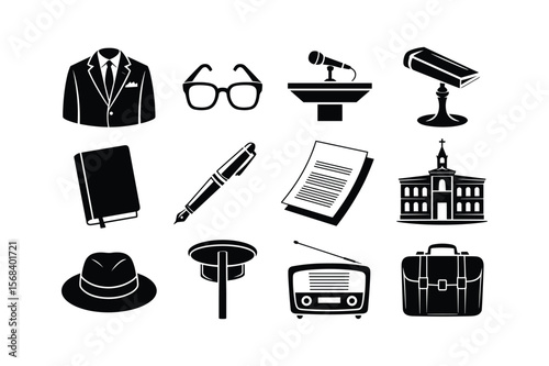 Black Silhouette Icons Of Professional And Public Life Objects suit pocket square