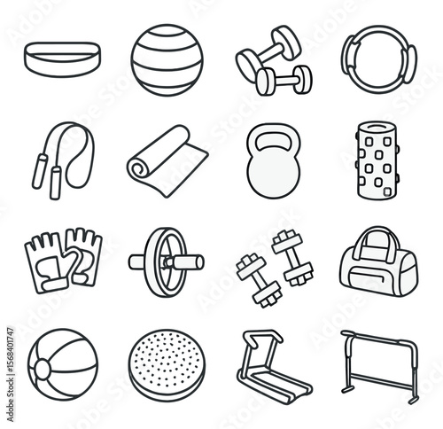 Comprehensive fitness icon collection, exercise and workout symbols. wellness and gym set