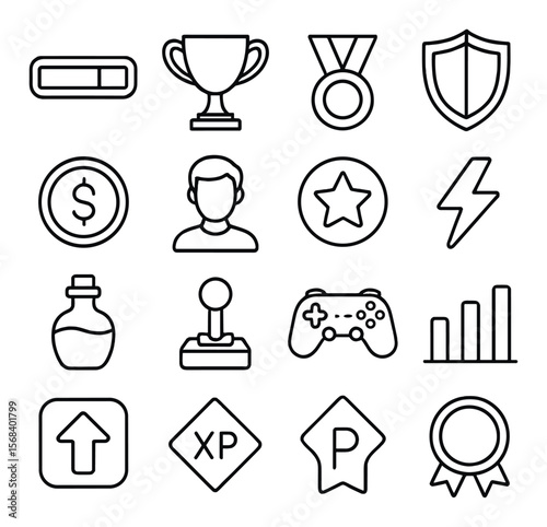 Gaming progress icon collection, achievement symbols. player rewards and leaderboard set