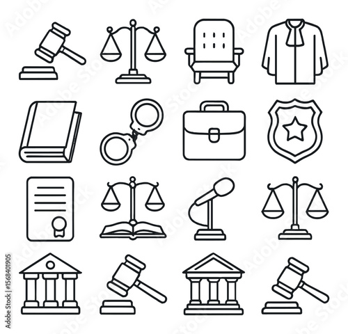 Legal icon collection for law and justice themes. court, legal system, and attorney set