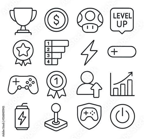 Gaming icon collection, gamer interface symbols. simple game development elements set