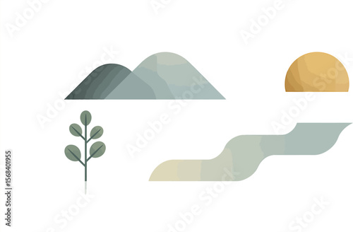 Minimalist landscape illustration featuring mountains sun river and a small tree