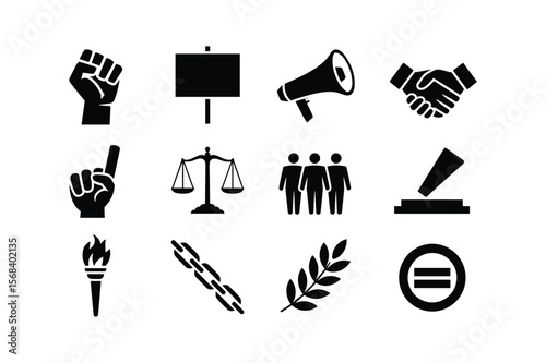 Fist raised protest sign megaphone handshake pointing finger scales of justice people voting torch broken chain