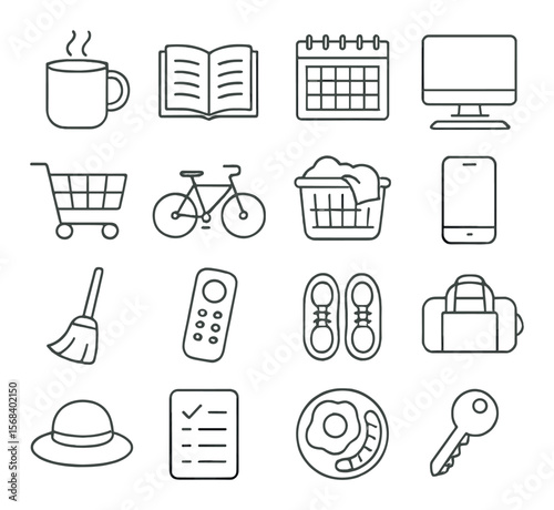 Daily life icon collection, routine and activity symbols for everyday tasks set