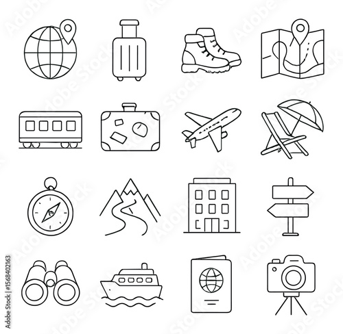 Travel icons collection, journey symbols. adventure, exploration, vacation graphics set