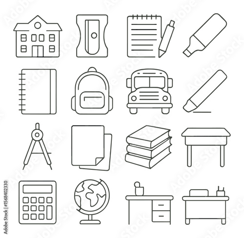 School supplies collection, essential education tools. classroom and study essentials set