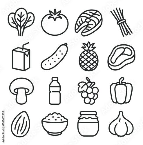 Nutrition icon collection, healthy food symbols. diet and wellness graphic set