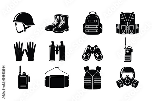 Military and survival gear collection military helmet combat boots