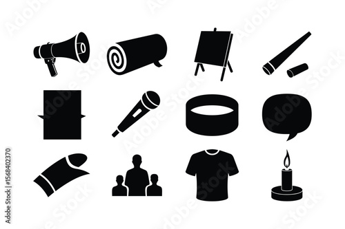Megaphone rolled mat easel marker microphone ring speech bubble hand t shirt candle