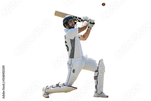 Male cricket player in white uniform and helmet hitting a ball with a bat