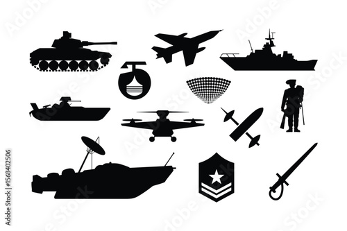 Military vehicles aircraft and personnel silhouettes tank jet fighter