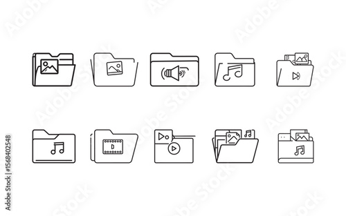 Multimedia Folder Icons Set – Line Style Vector for Files, Music, Video, Photos
