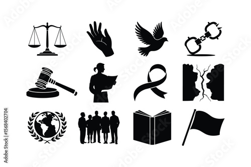 Scales of justice dove and gavel with people and book hand handcuffs